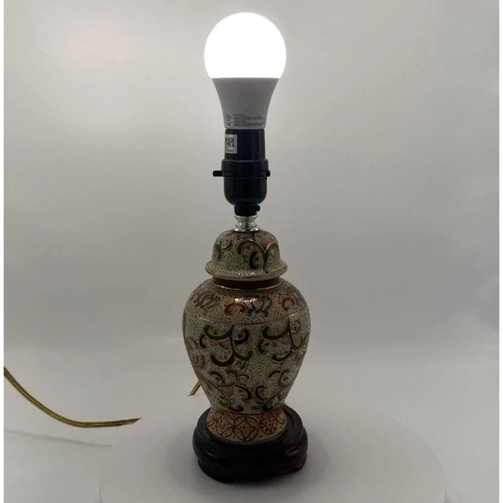 Vtg Asian Satuma Style Ginger Jar‎ Lamp Hand Painted Floral Chinoiserie Enamel